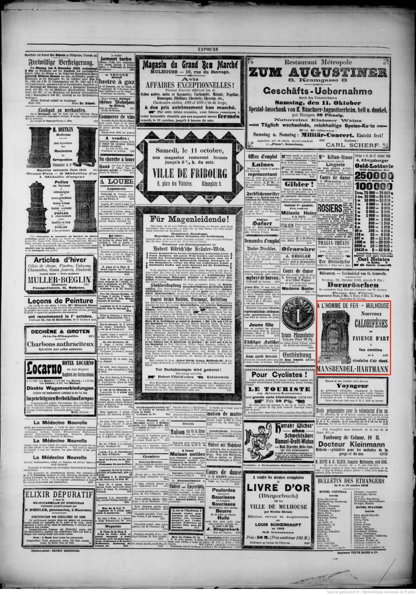 Journal L'Express de Mulhouse du 10 octobre 1902 (p.4) : calorifères en faience d'art.